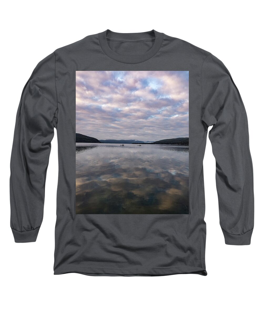Water Lake Lake George New York Adirondack Mountains Kayaking Kayak Kayaks Wilderness Scenery Scenic Serene Serenity Calm Mood Morning Clouds Sunrise Reflection Heaven Earth Long Sleeve T-Shirt featuring the photograph Somewhere between heaven and earth by Bruce Carpenter