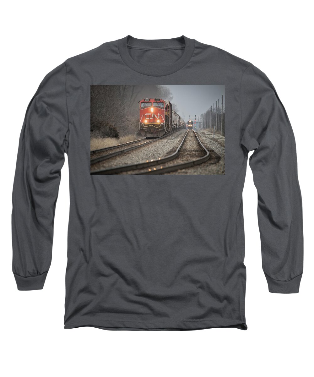 Railroad Long Sleeve T-Shirt featuring the photograph Southbound Canadian National A432 passes CN A408 at Effingham Illinois by Jim Pearson