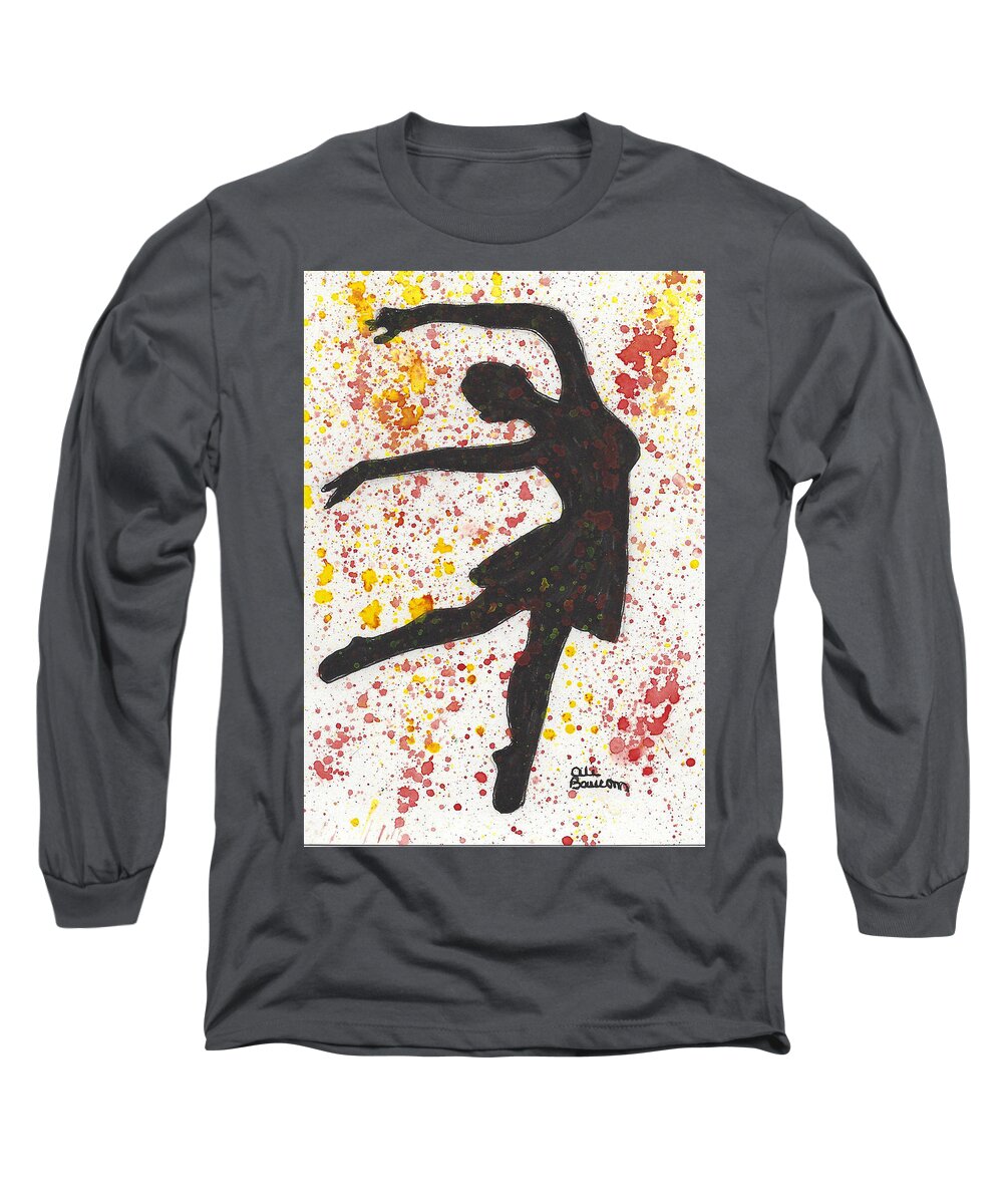 Silhouette Long Sleeve T-Shirt featuring the painting Splash Dance Black Silhouette of a Dancer against Splashes of Yellows and Reds by Ali Baucom