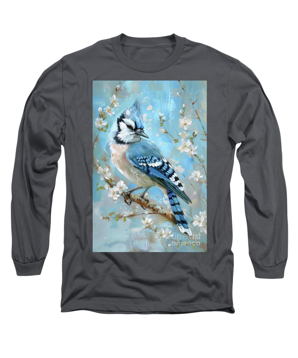 Blue Jay Long Sleeve T-Shirt featuring the painting Spring Blue Jay by Tina LeCour