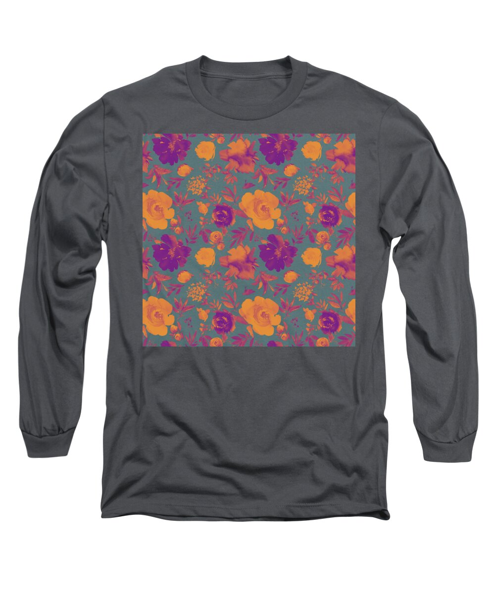 Cityscape Long Sleeve T-Shirt featuring the painting Spring Floral Arrangement on Watercolor Vintage Paper Pattern 2 b by Celestial Images