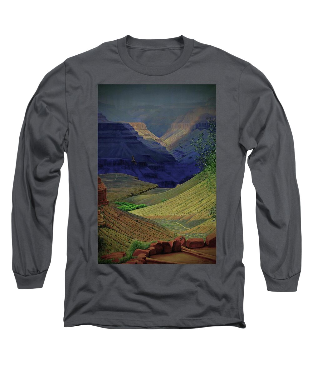 Kim Mcclinton Long Sleeve T-Shirt featuring the painting Spring Storm On Bright Angel Trail by Kim McClinton