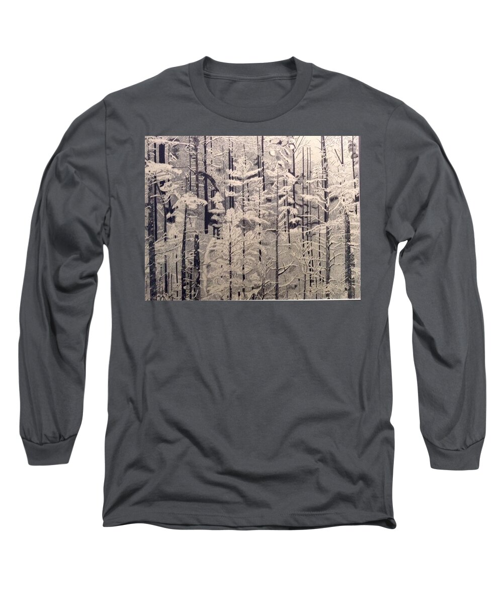 Black Long Sleeve T-Shirt featuring the drawing Stippled Forest by Bryan Brouwer