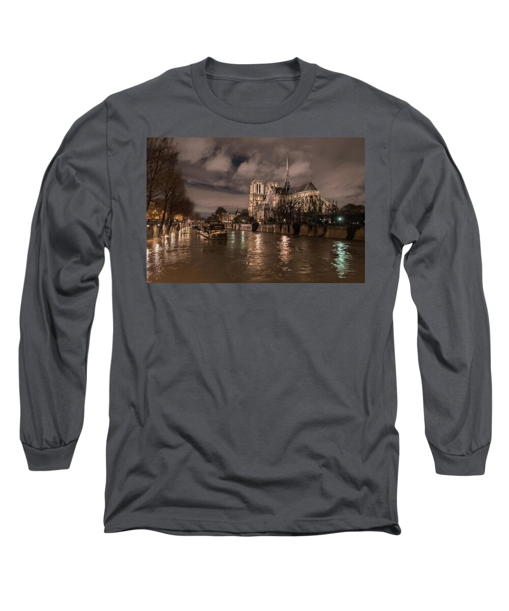 Notre Dame Long Sleeve T-Shirt featuring the photograph Stormy Notre-Dame by Linda Villers