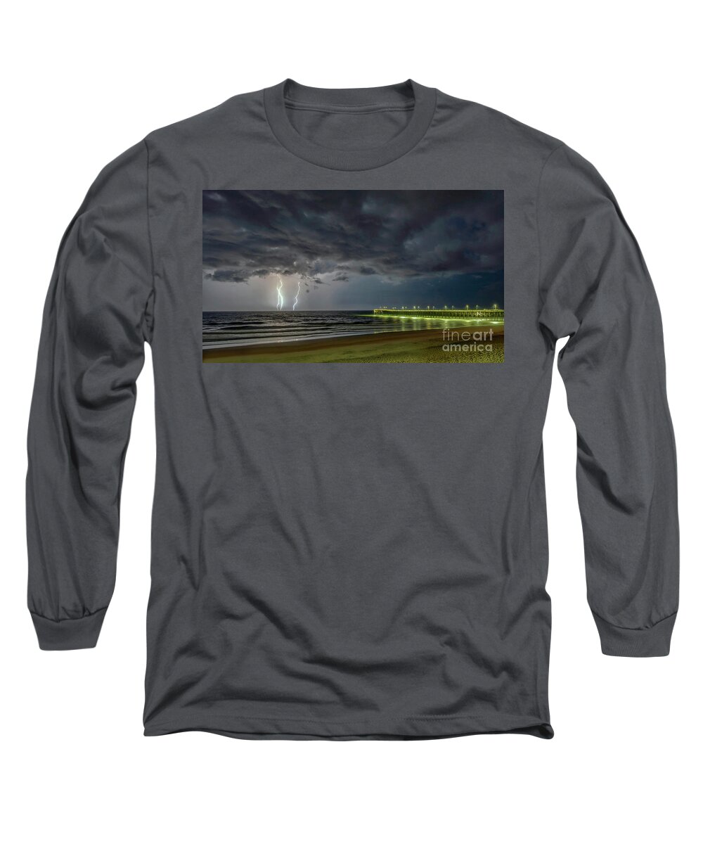 Surf City Long Sleeve T-Shirt featuring the photograph Stormy Pier by DJA Images