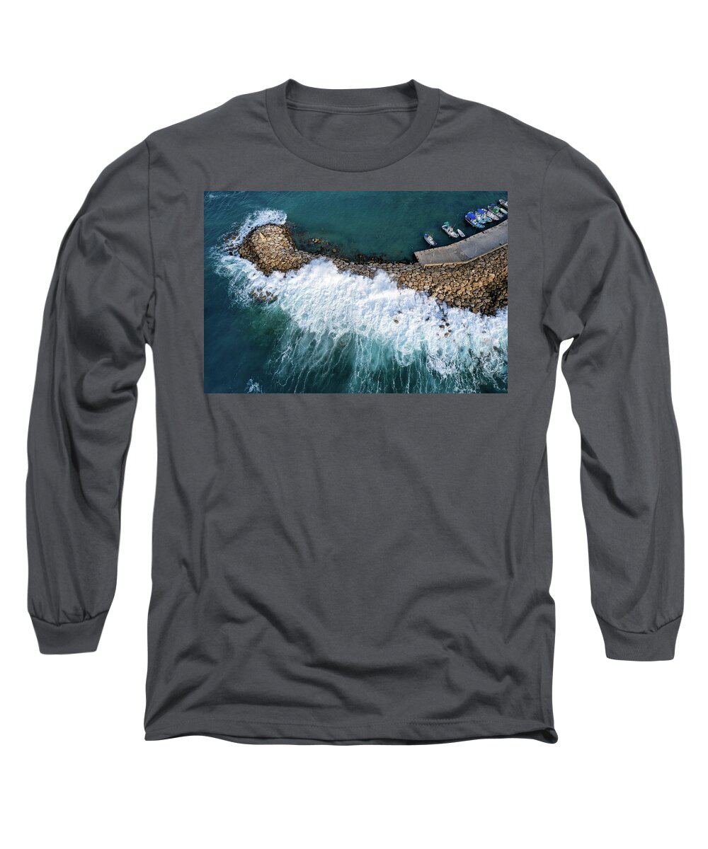 Brakewater Long Sleeve T-Shirt featuring the photograph Stormy windy waves on the shore. Drone photography. by Michalakis Ppalis