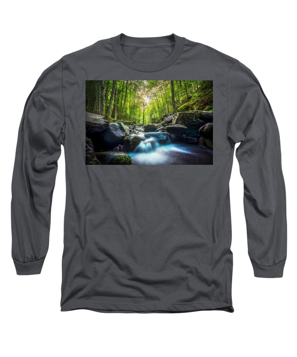 Waterfall Long Sleeve T-Shirt featuring the photograph Stream waterfall inside a forest. Tuscany by Stefano Orazzini