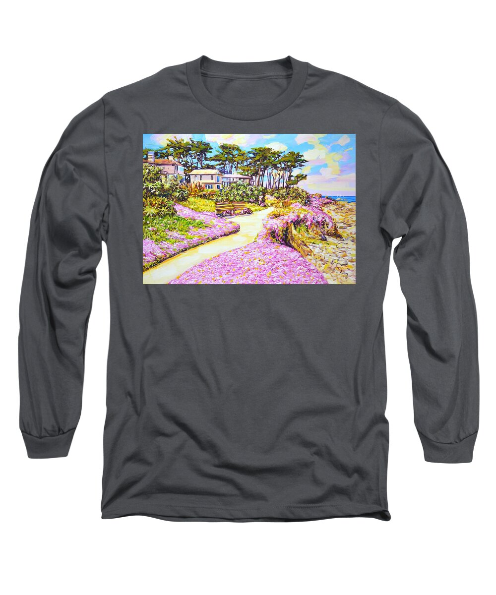 Ocean Long Sleeve T-Shirt featuring the painting Sunny California. Pink flowers. by Iryna Kastsova