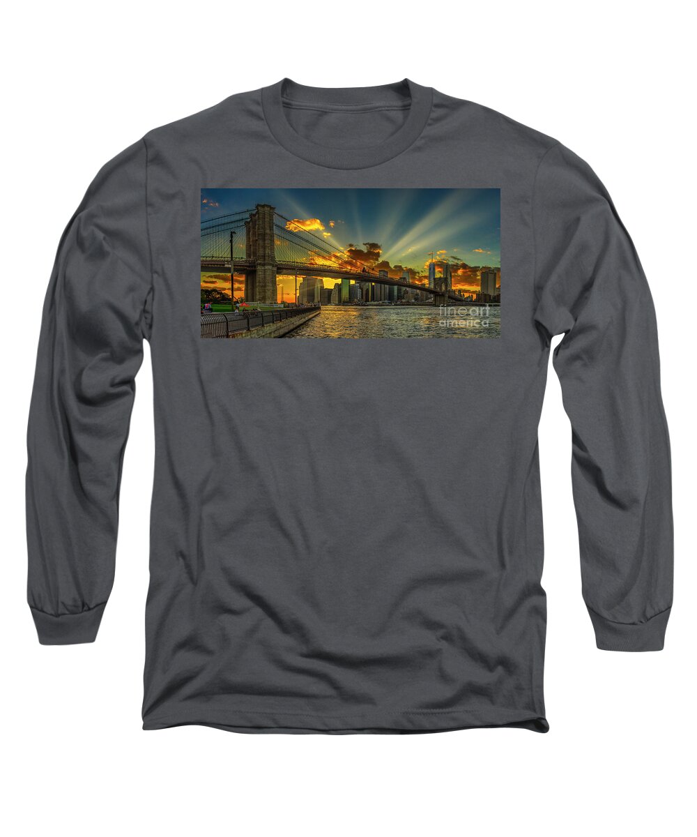 Bridge Long Sleeve T-Shirt featuring the photograph Sunset at the Brooklyn Bridge by Nick Zelinsky Jr