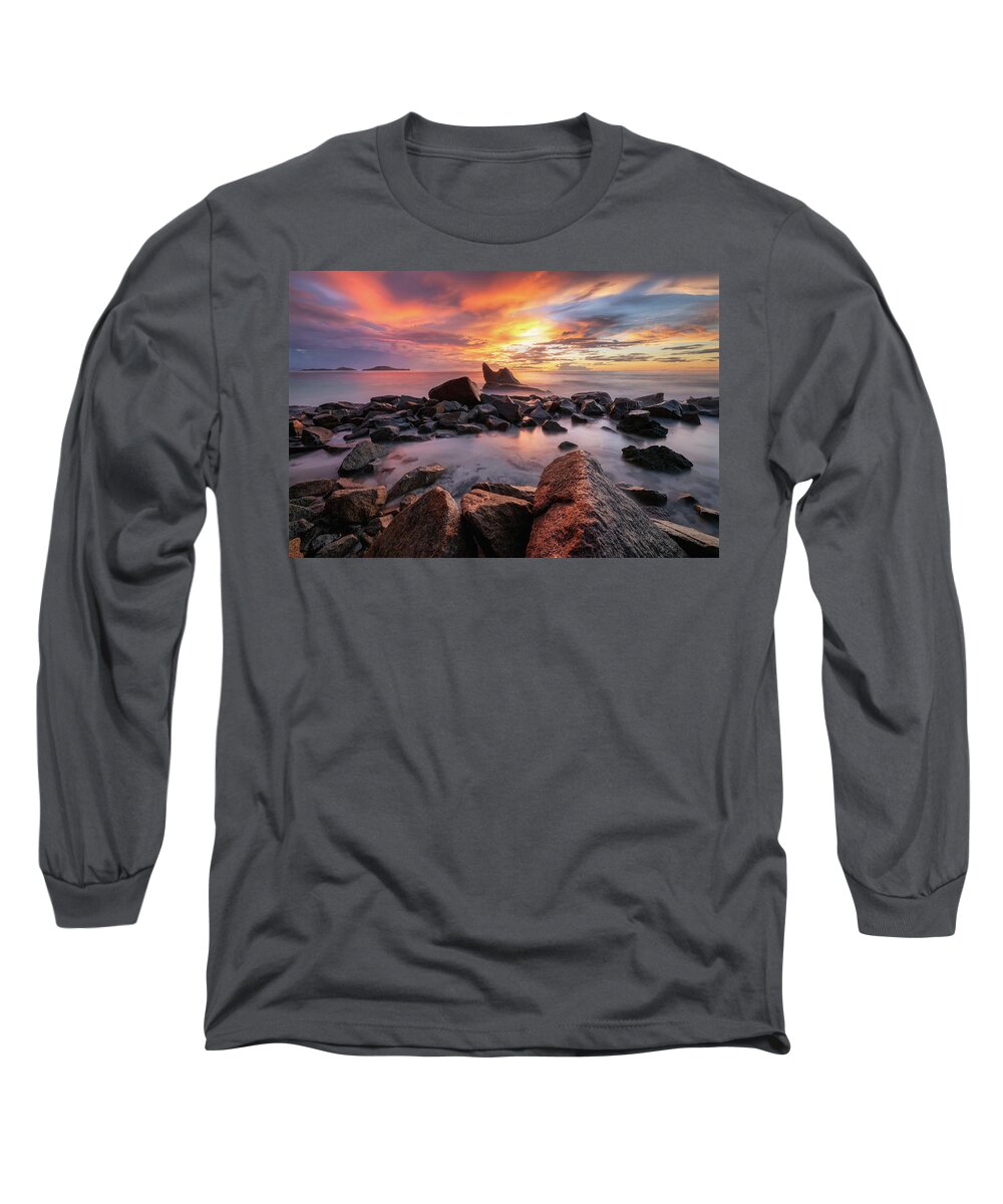 Rocks Long Sleeve T-Shirt featuring the photograph Sunset beach by Erika Valkovicova