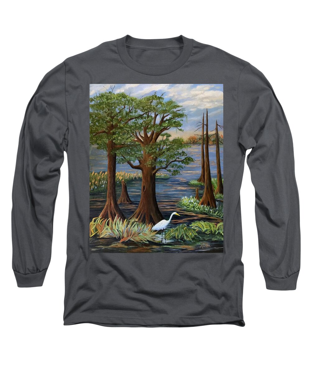 Back Water Long Sleeve T-Shirt featuring the painting Sunset On The Bayou by Jane Ricker