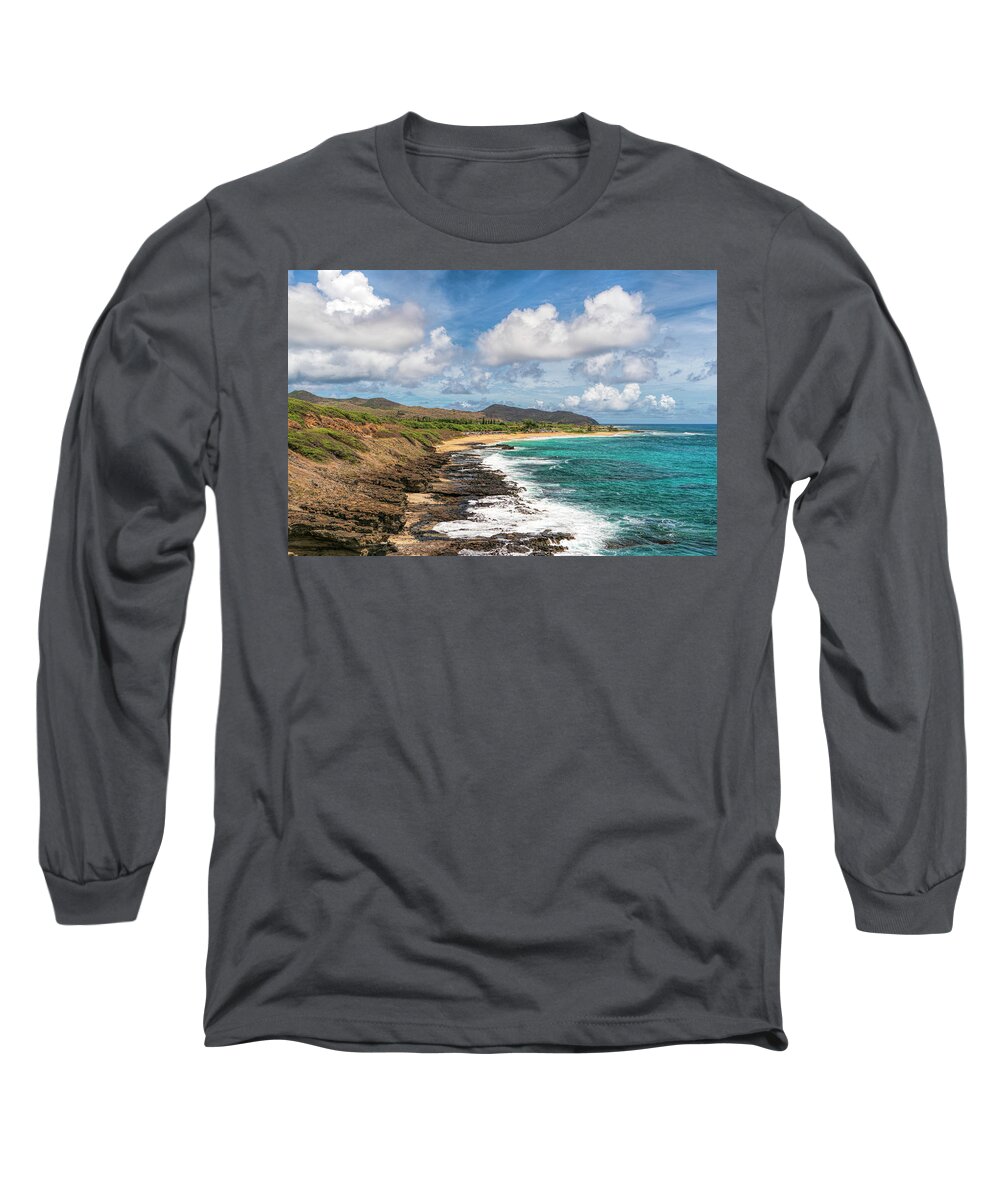 Hawaii Long Sleeve T-Shirt featuring the photograph Surf, Sea, and Sand on Oahu by Betty Eich