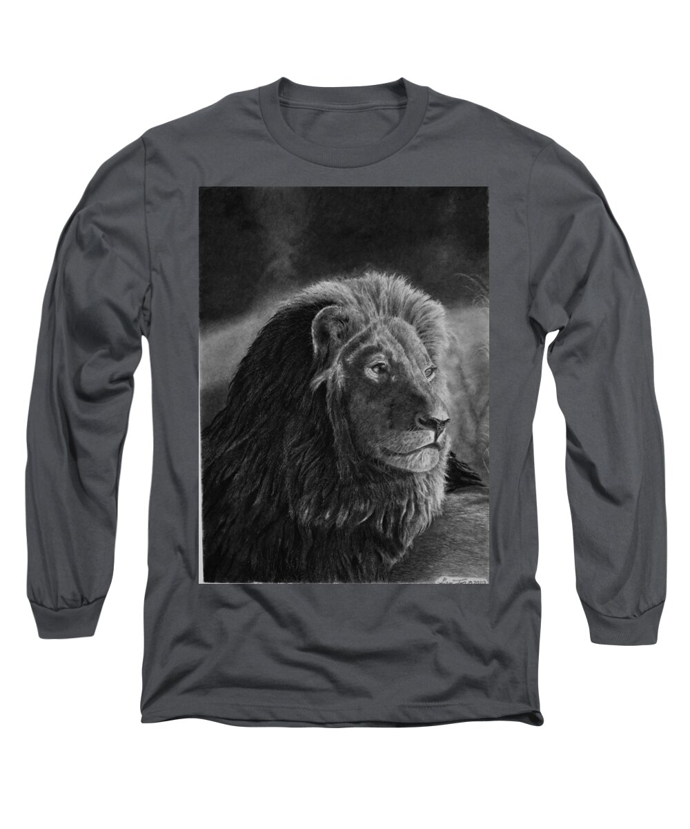 Lion Long Sleeve T-Shirt featuring the drawing Survey by Greg Fox