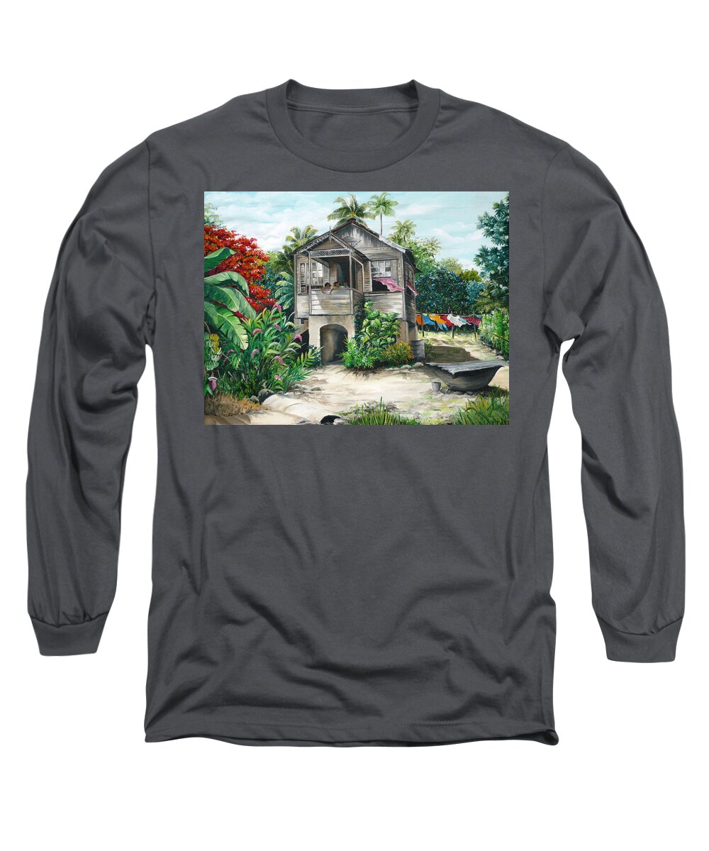  Landscape Painting Caribbean Painting House Painting Tobago Painting Trinidad Painting Tropical Painting Flamboyant Painting Banana Painting Trees Painting Original Painting Of Typical Country House In Trinidad And Tobago Long Sleeve T-Shirt featuring the painting Sweet Island Life by Karin Dawn Kelshall- Best