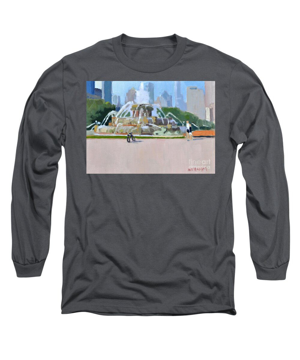Buckingham Fountain Long Sleeve T-Shirt featuring the painting Taking a moment, The Buckingham Fountain, Chicago by Paul Strahm