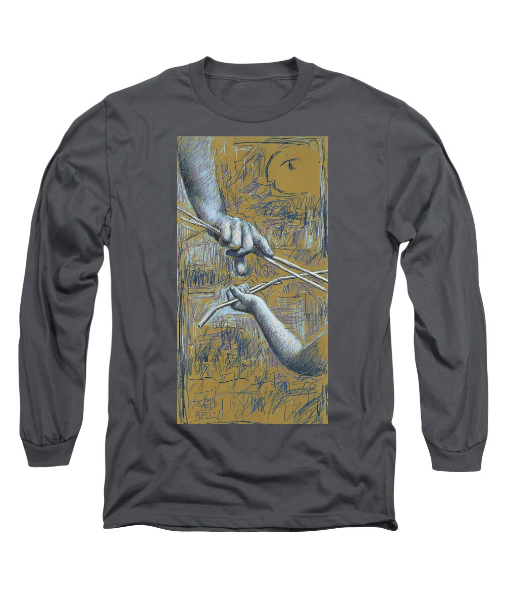 Hans Egil Saele Long Sleeve T-Shirt featuring the drawing Teaching and Learning - Yellow by Hans Egil Saele
