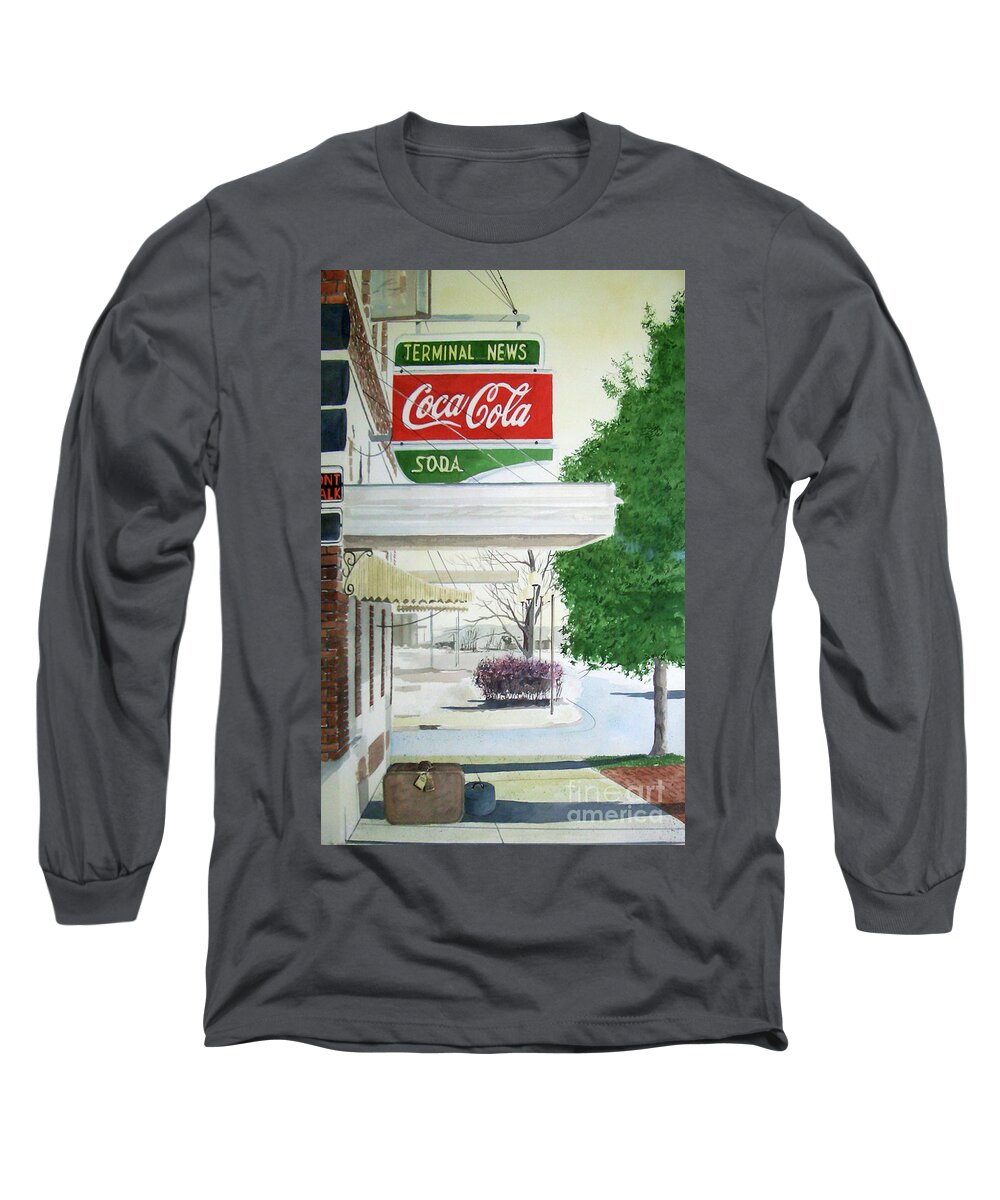 A Coca Cola Sign Hangs Outside The Bus Station In Coffeyville Long Sleeve T-Shirt featuring the painting Terminal News by Monte Toon