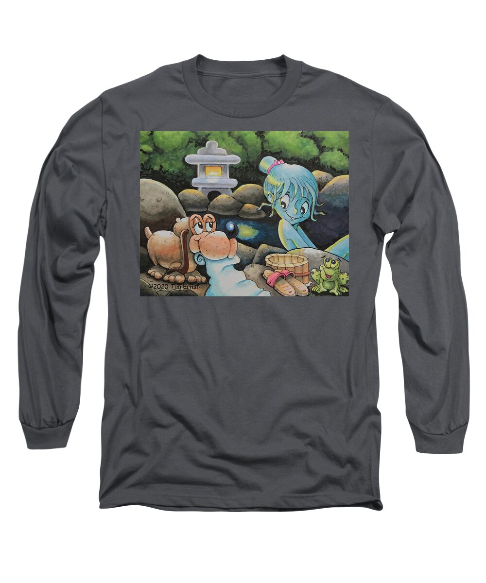 Onsen Long Sleeve T-Shirt featuring the drawing The doggie and the bather by Tim Ernst