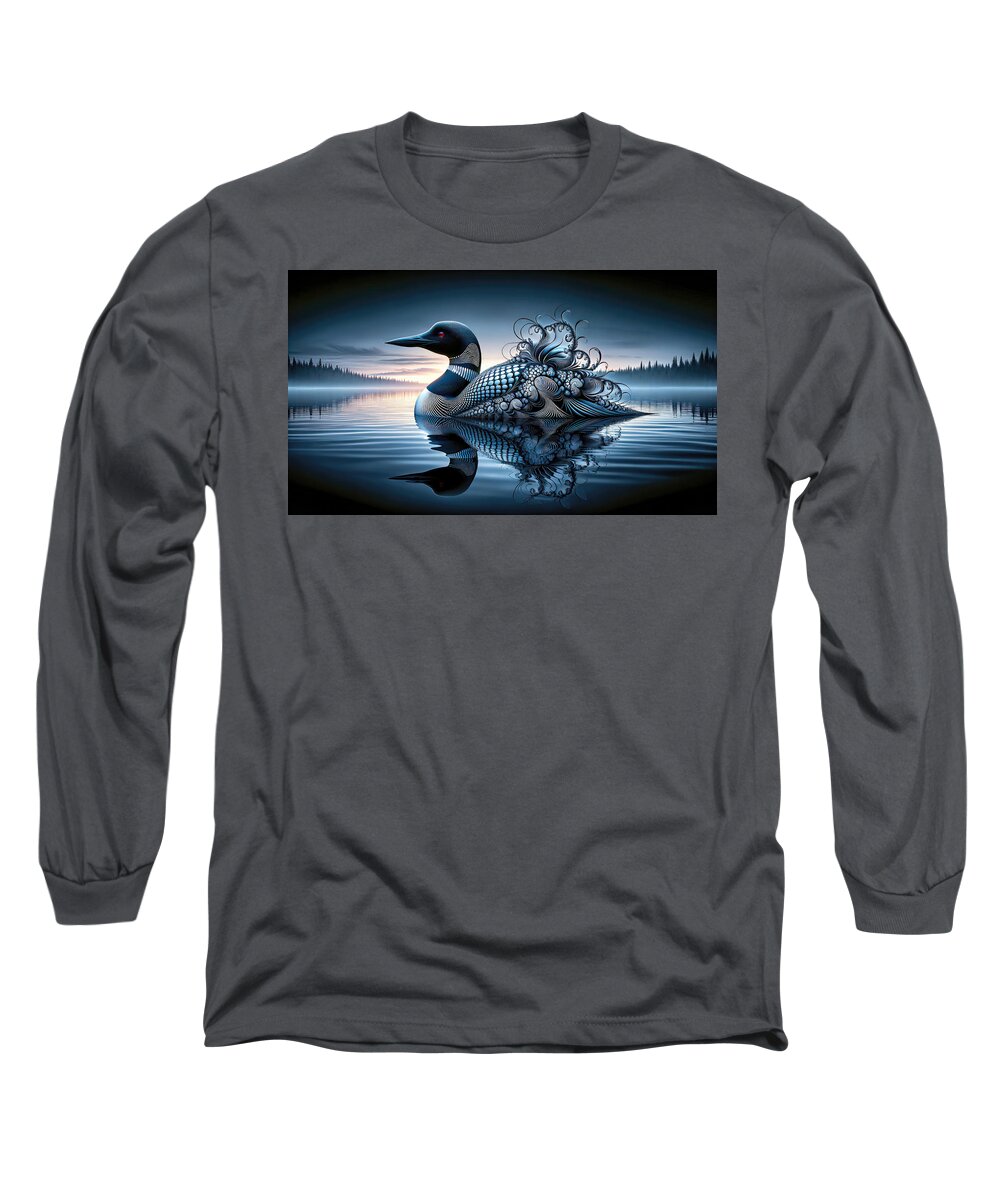 Loon Long Sleeve T-Shirt featuring the digital art The Fractal Loon of Twilight Lake by Bill and Linda Tiepelman