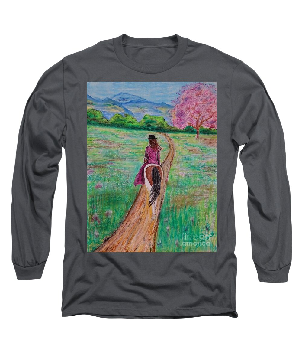 Riding Sidesaddle Long Sleeve T-Shirt featuring the painting The long way home by Lisa Rose Musselwhite