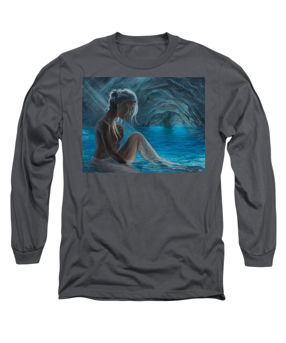 Mermaid Long Sleeve T-Shirt featuring the painting The mermaid of the blue cave by Marco Busoni