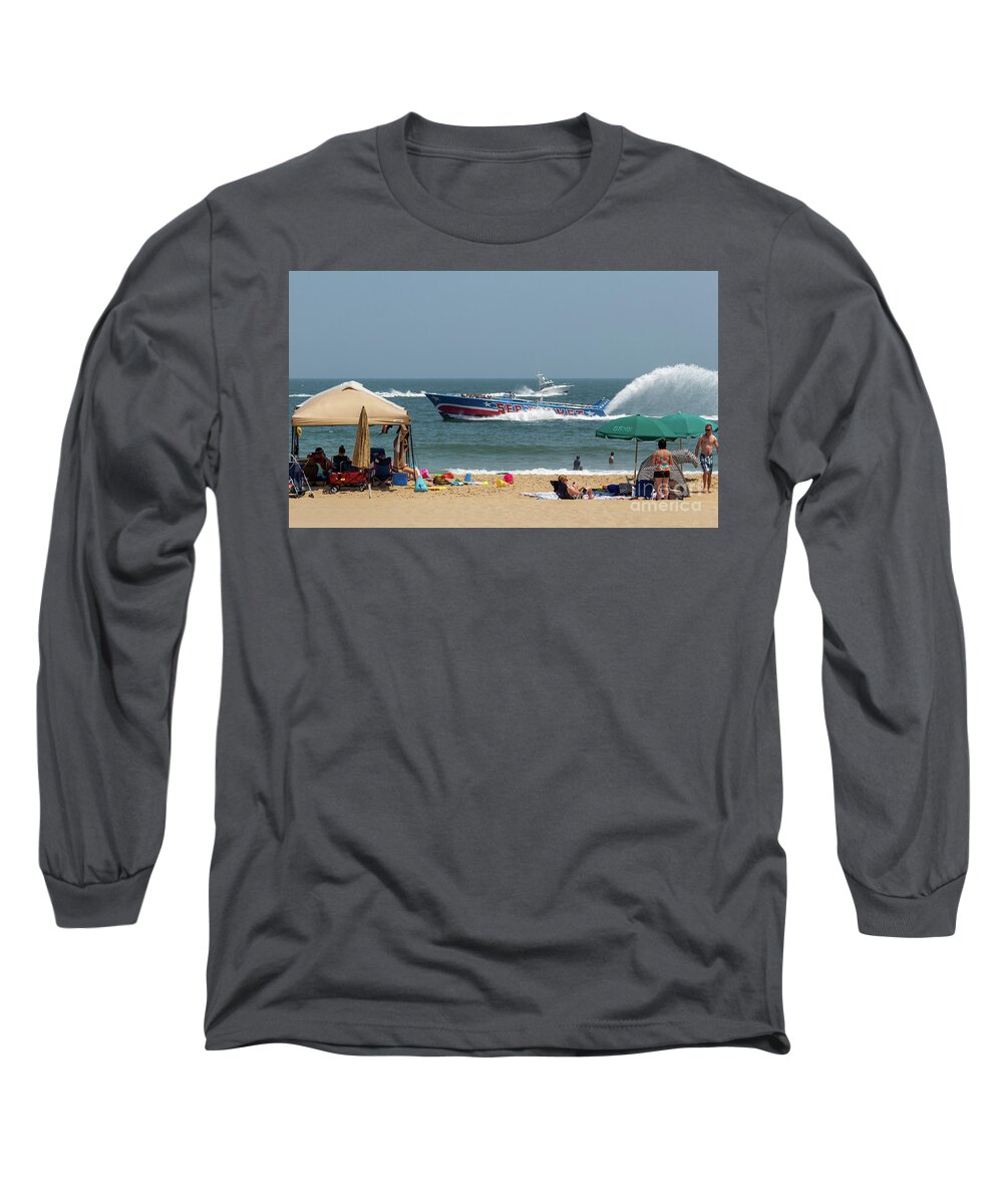 Atlantic Long Sleeve T-Shirt featuring the photograph The Sea Rocket and a fishing boat pass close to shore by William Kuta