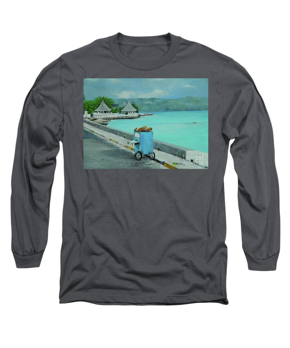 Tropical Landscape Long Sleeve T-Shirt featuring the painting The Sea Wall by Kenneth Harris