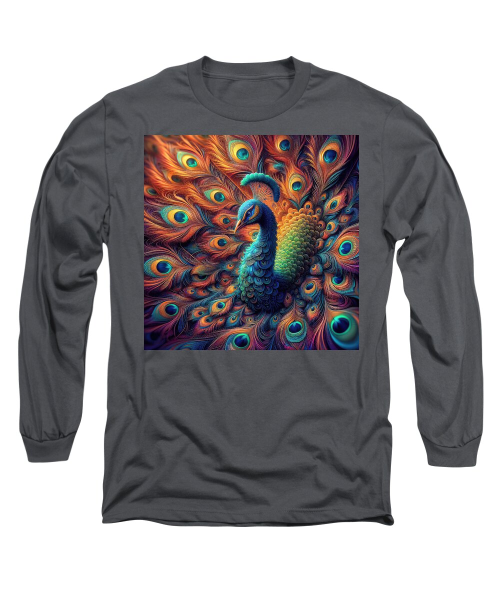 Peacock Long Sleeve T-Shirt featuring the digital art The Spiraling Splendor of the Majestic Peacock by Bill and Linda Tiepelman