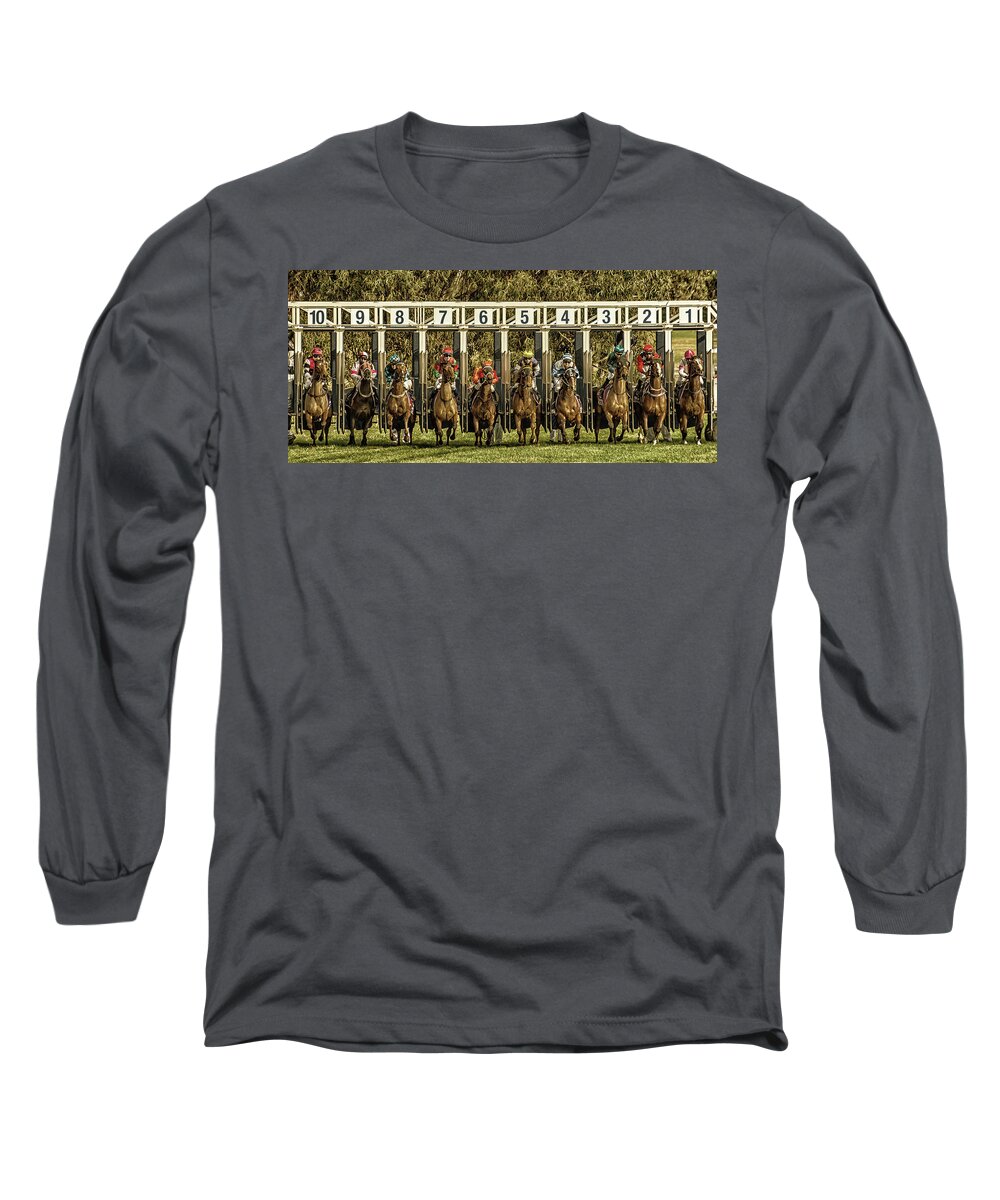 Retro Style Long Sleeve T-Shirt featuring the photograph The starting gate by Johannes Brienesse