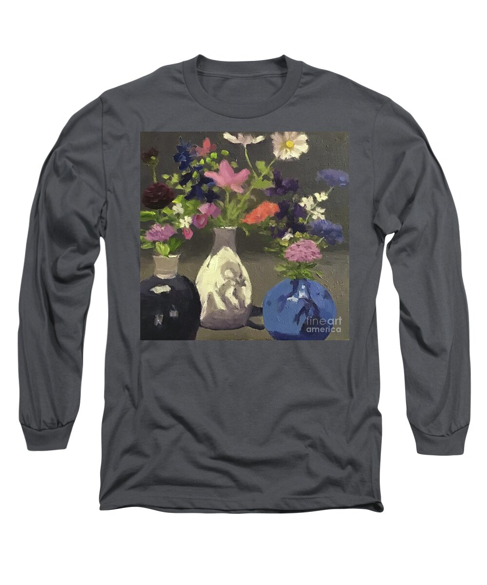 Vases Long Sleeve T-Shirt featuring the painting Three Small Vases by Anne Marie Brown