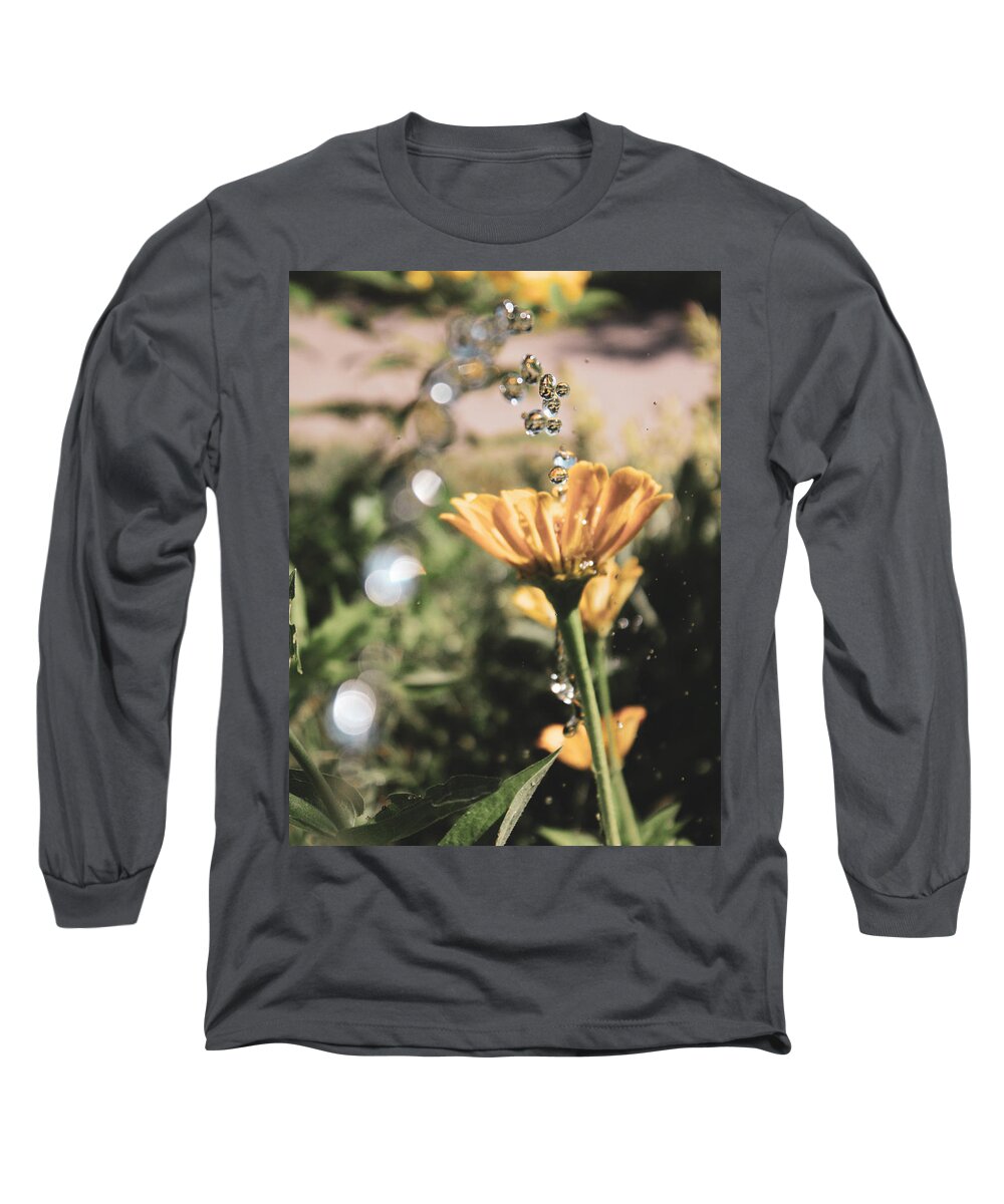 Zinnia Elegans Long Sleeve T-Shirt featuring the photograph Three Zinnias, With Water Drops by W Craig Photography