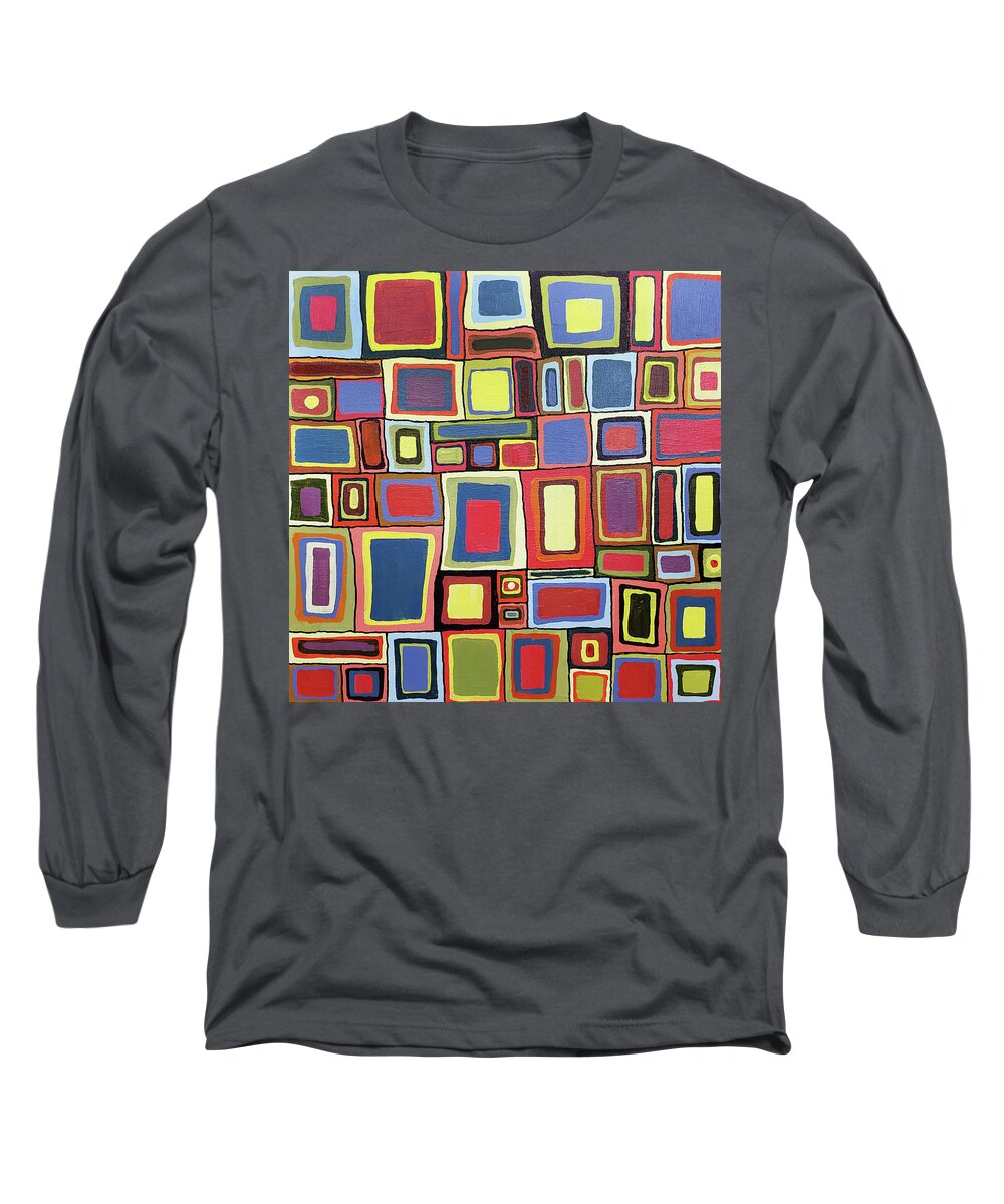 Colorful Abstract Long Sleeve T-Shirt featuring the painting TIMES SQUARED RETRO Abstract of Squares in Red Blue Yellow Green Black by Lynnie Lang