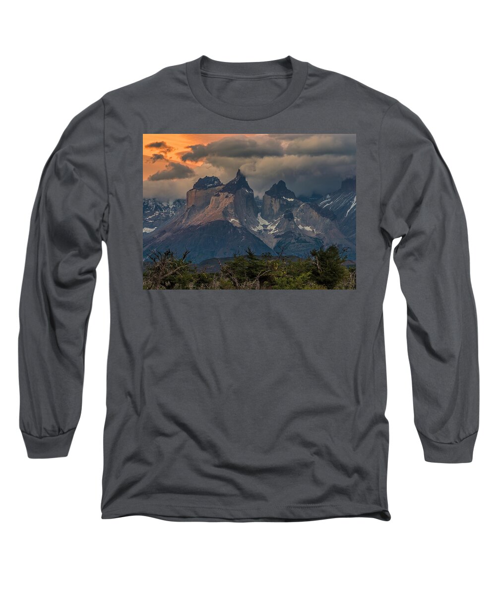 Andes Long Sleeve T-Shirt featuring the photograph Torres del Paine Los Cuernos at sundown by Henri Leduc