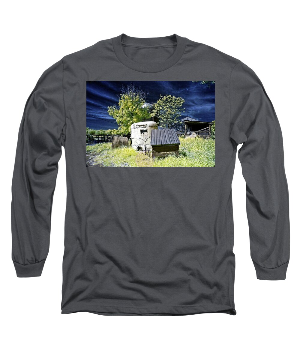 Infrared Long Sleeve T-Shirt featuring the photograph Trailer on the Farm by Anthony M Davis