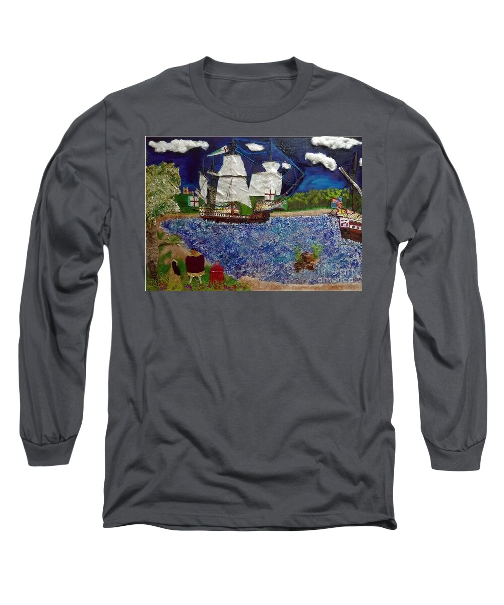 Ship Long Sleeve T-Shirt featuring the mixed media Tudor Rose by David Westwood