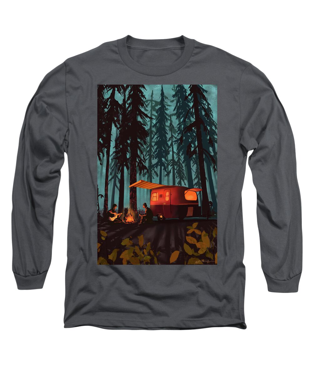 Camper In The Woods Long Sleeve T-Shirt featuring the painting Twilight Camping by Sassan Filsoof