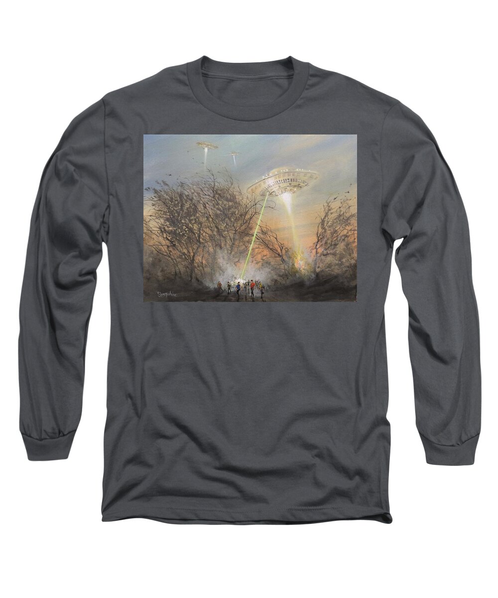Ufo's Long Sleeve T-Shirt featuring the painting UFO Alien Invasion by Tom Shropshire