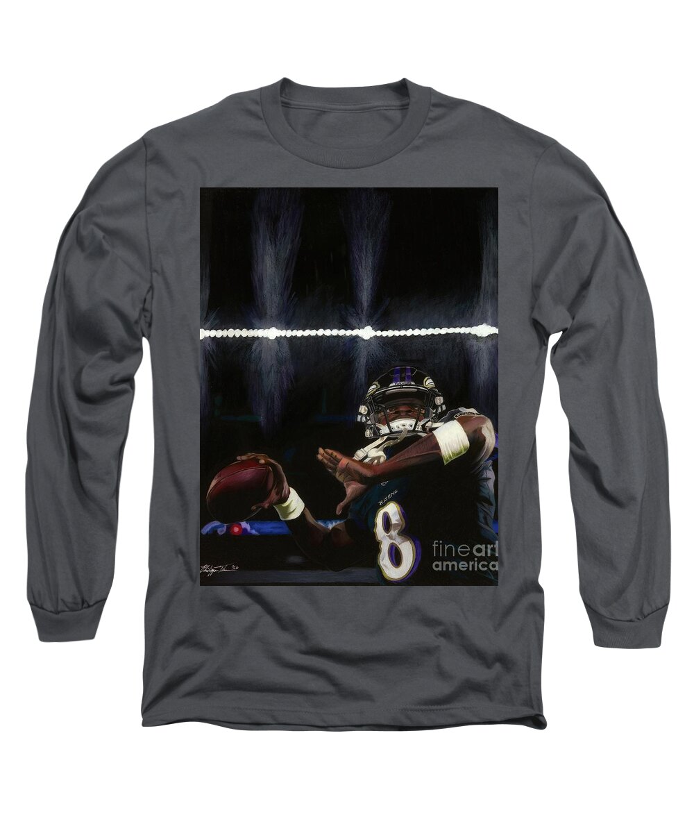 Baltimore Ravens Long Sleeve T-Shirt featuring the drawing Under the Bright Lights by Philippe Thomas