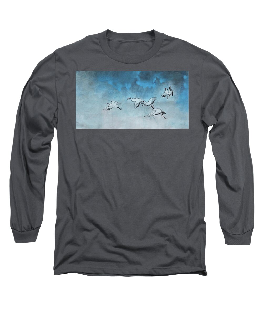 Cranes Long Sleeve T-Shirt featuring the painting Under the Clouds by Vina Yang
