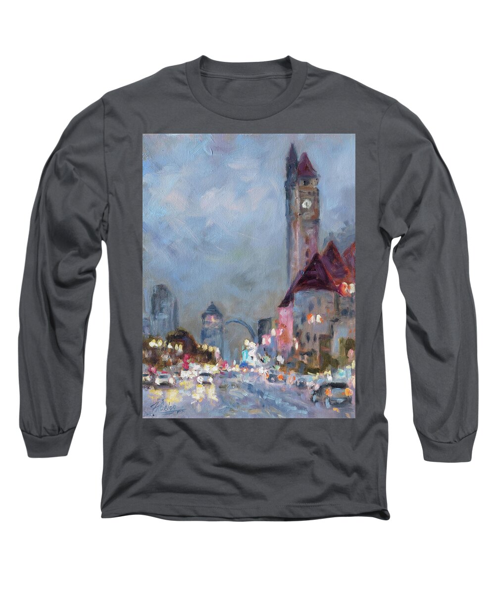 Saint Louis Long Sleeve T-Shirt featuring the painting Union Station STL - Rush Hours by Irek Szelag