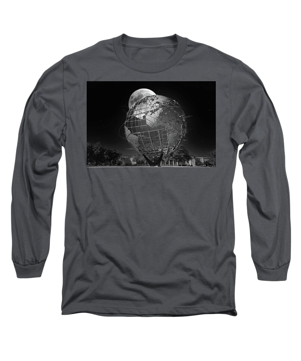 Unisphere Long Sleeve T-Shirt featuring the photograph Unisphere Full Moon NY Worlds Fair 1964 Black White 2020 by Chuck Kuhn