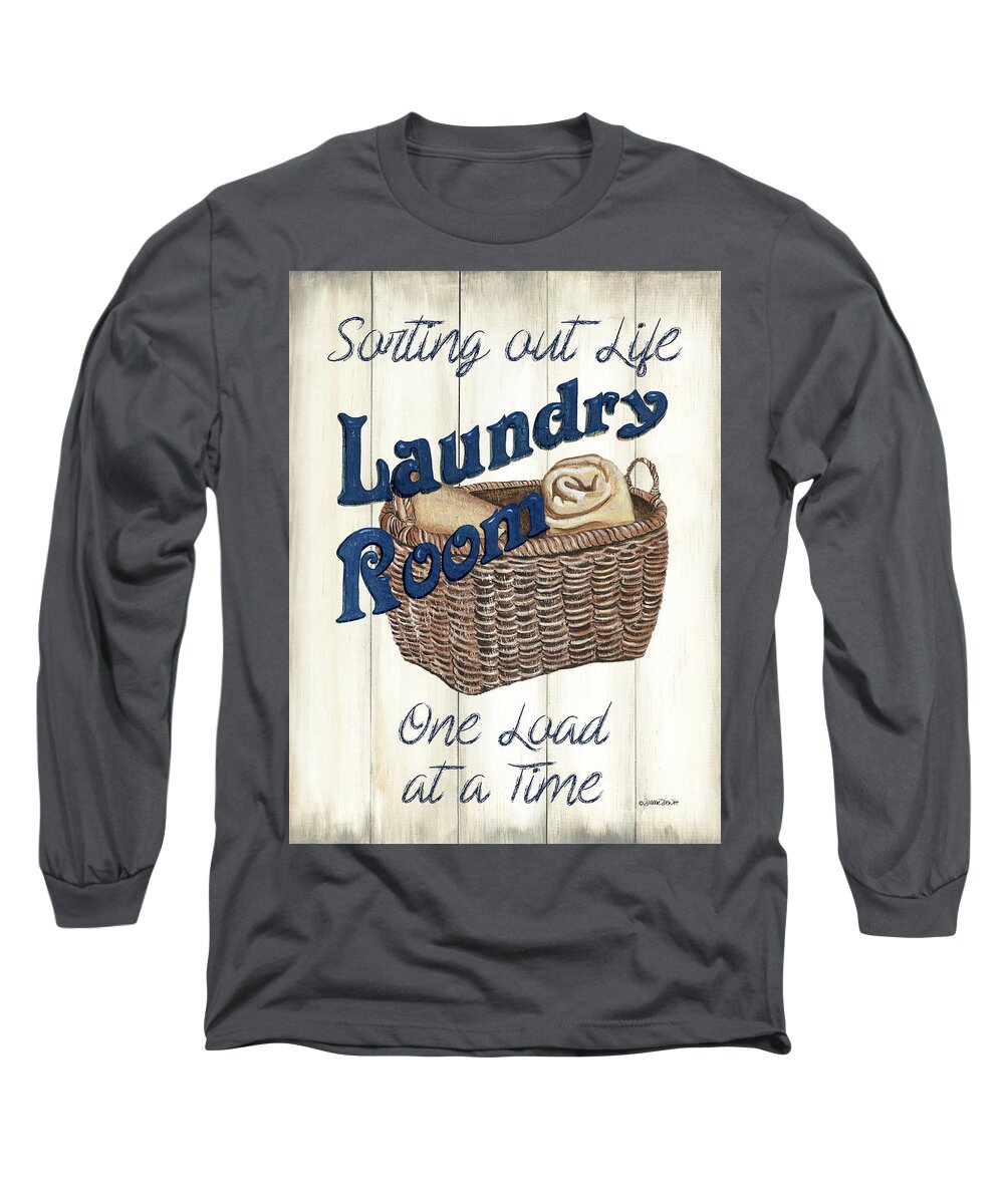 Laundry Long Sleeve T-Shirt featuring the painting Vintage Laundry Room Indigo 2 by Debbie DeWitt
