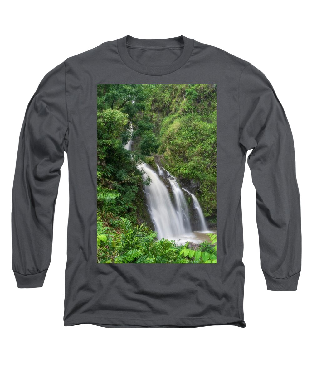 Hawaii Long Sleeve T-Shirt featuring the photograph Waikana Falls on Road to Hana by Betty Eich