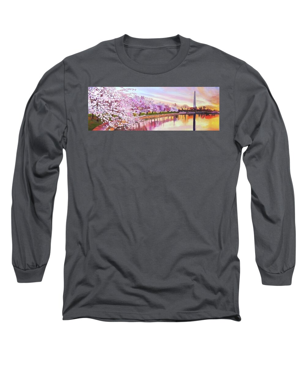 Washington Dc Long Sleeve T-Shirt featuring the painting Washington DC Cherry Blossoms by Patty Kay Hall