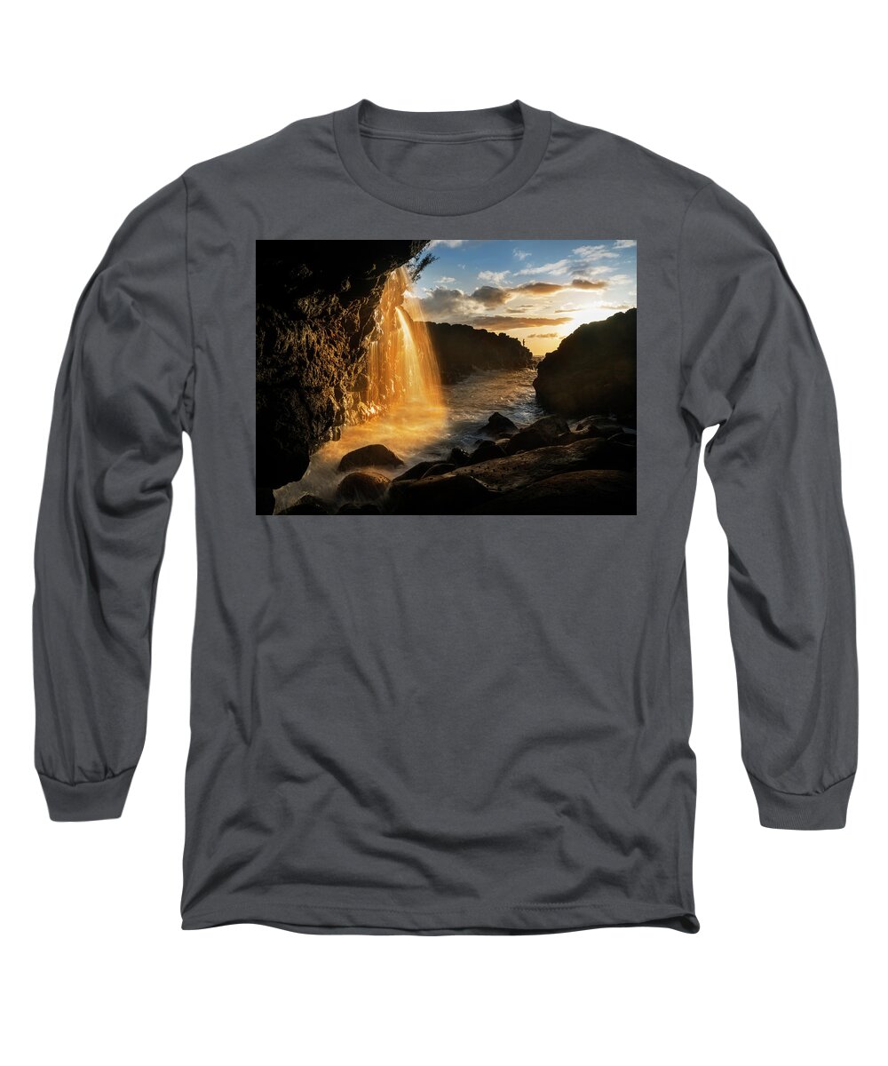 Queens Bath Long Sleeve T-Shirt featuring the photograph Waterfall near Queens Bath in Princeville Kauai by Steven Heap