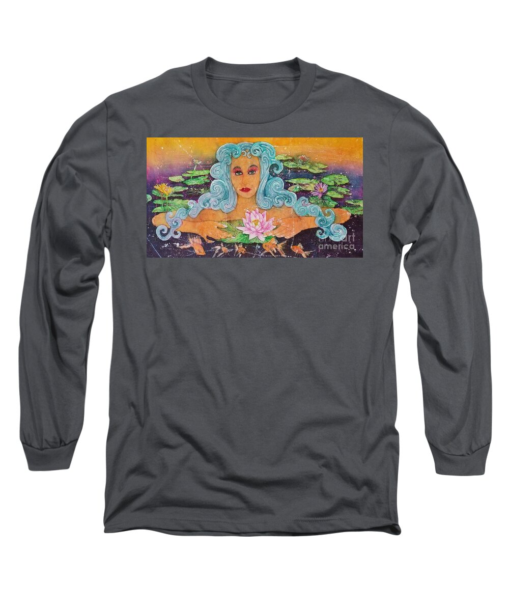Gold Fish Water Lily Long Sleeve T-Shirt featuring the painting Waterlilly Garden Goddess by Carol Losinski Naylor