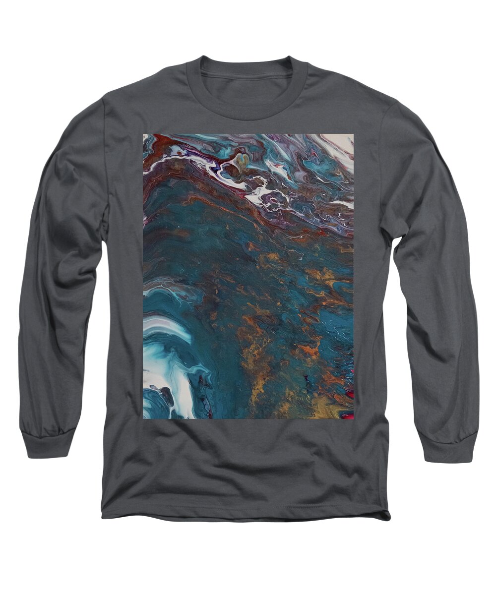Blue Long Sleeve T-Shirt featuring the mixed media Waves of Gold by Aimee Bruno