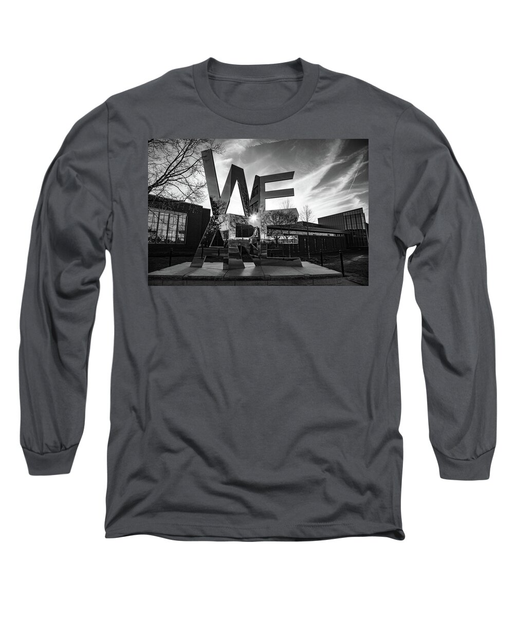 State College Pennsylvania Long Sleeve T-Shirt featuring the photograph We Are sculpture at Penn State University in black and white by Eldon McGraw