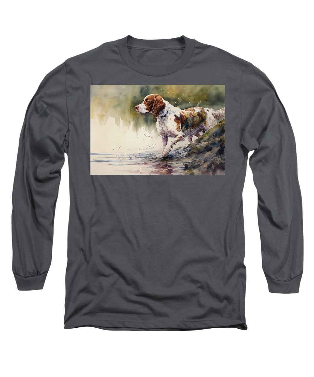 Dog Long Sleeve T-Shirt featuring the painting Welsh Springer Spaniel by the River by Kai Saarto