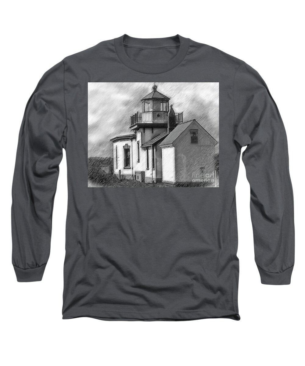 Lighthouse Long Sleeve T-Shirt featuring the digital art West Point Lighthouse Sketched by Kirt Tisdale